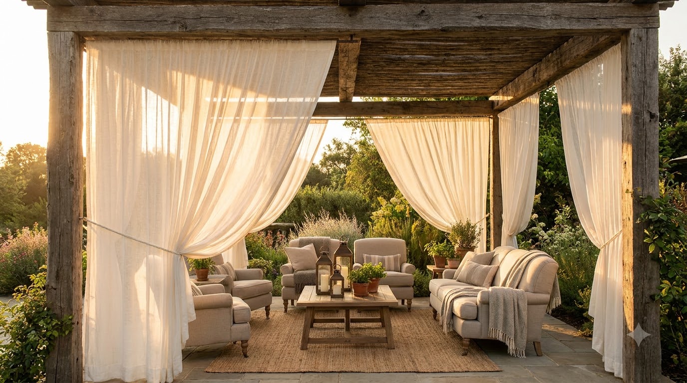 Outdoor curtains hanging from a pergola over a patio