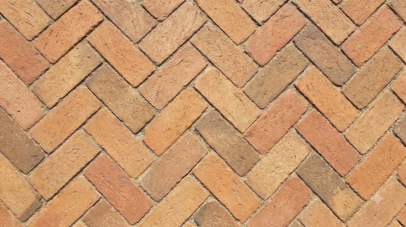 Herringbone paver pattern on a patio surface