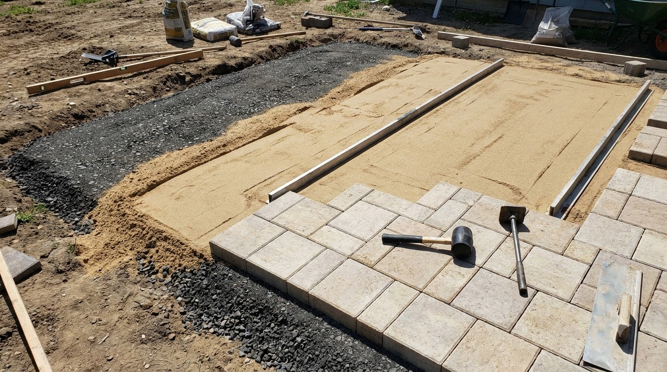 Compacted gravel base and sand bedding under pavers