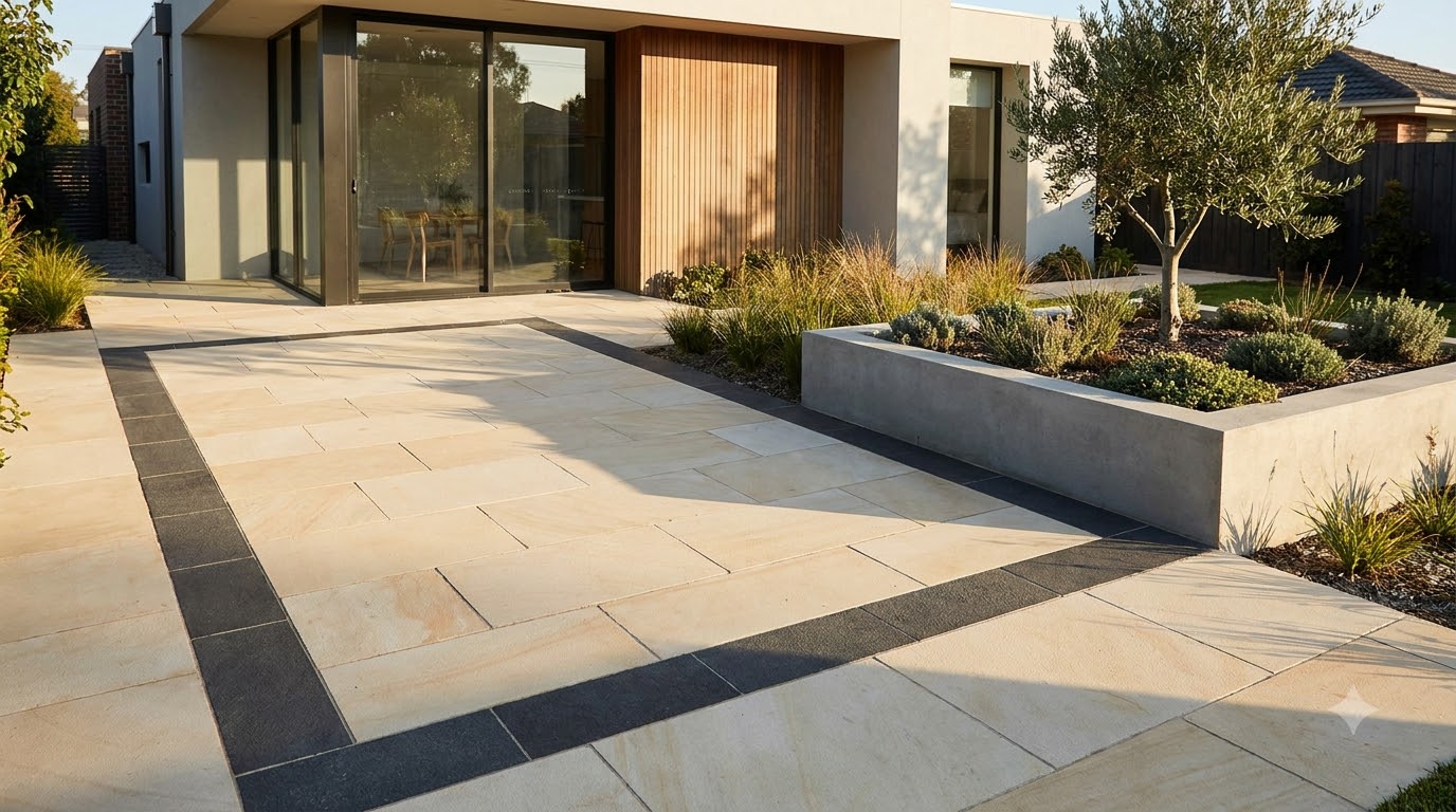 Contrasting soldier course border around a paver patio