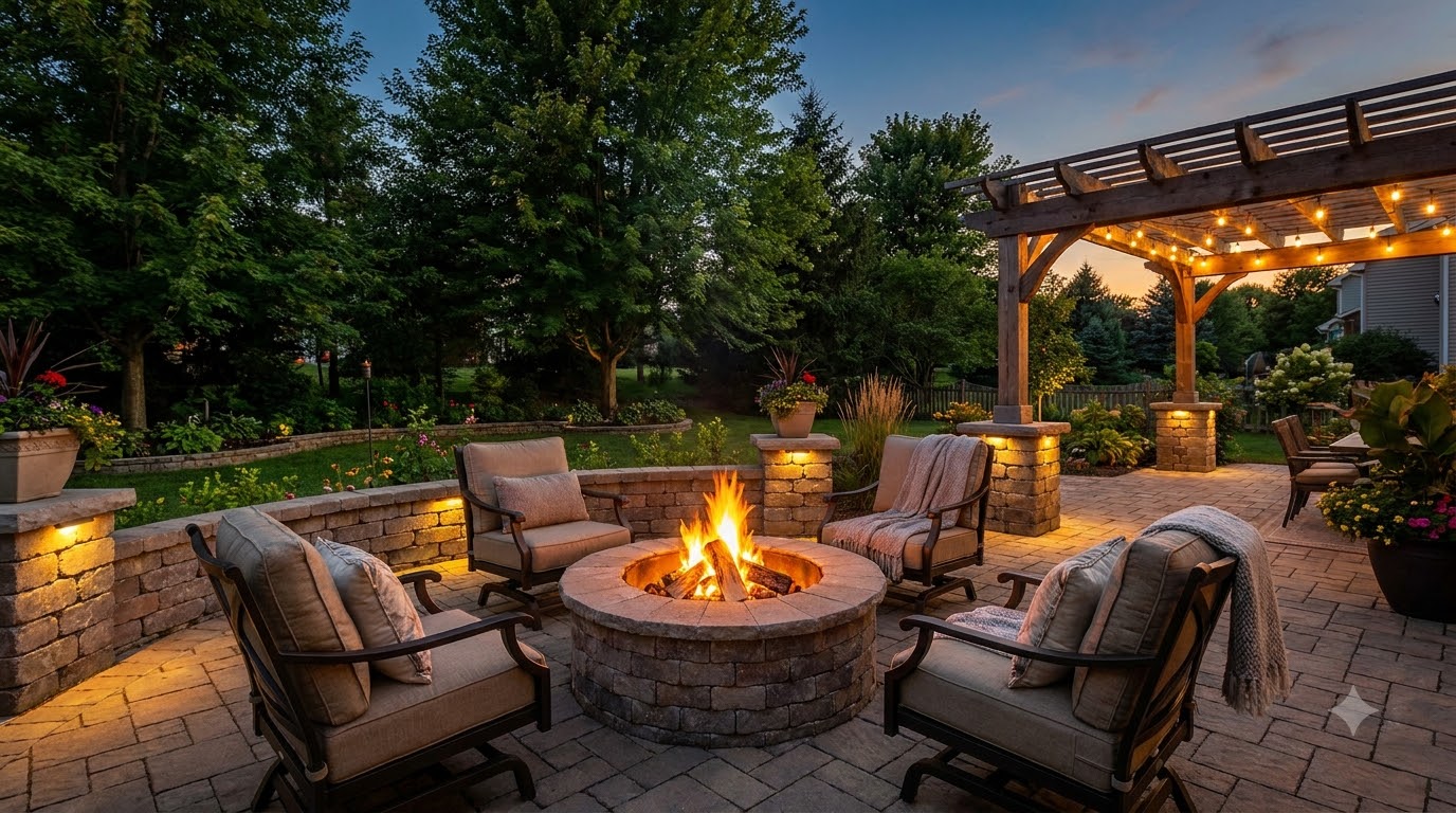 Paver patio with fire pit and lounge seating at dusk