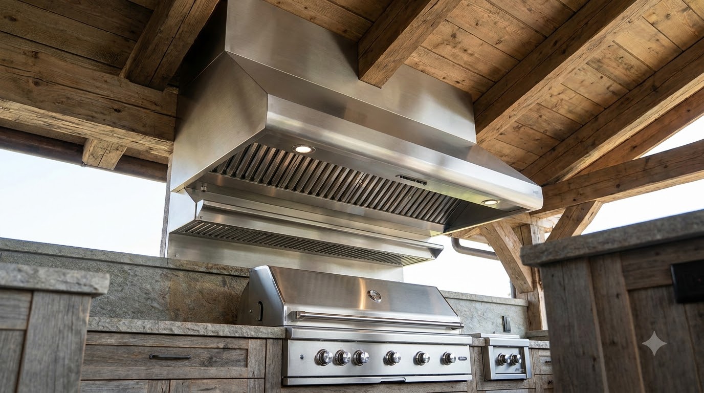 Vent hood above a built-in grill in a covered outdoor kitchen
