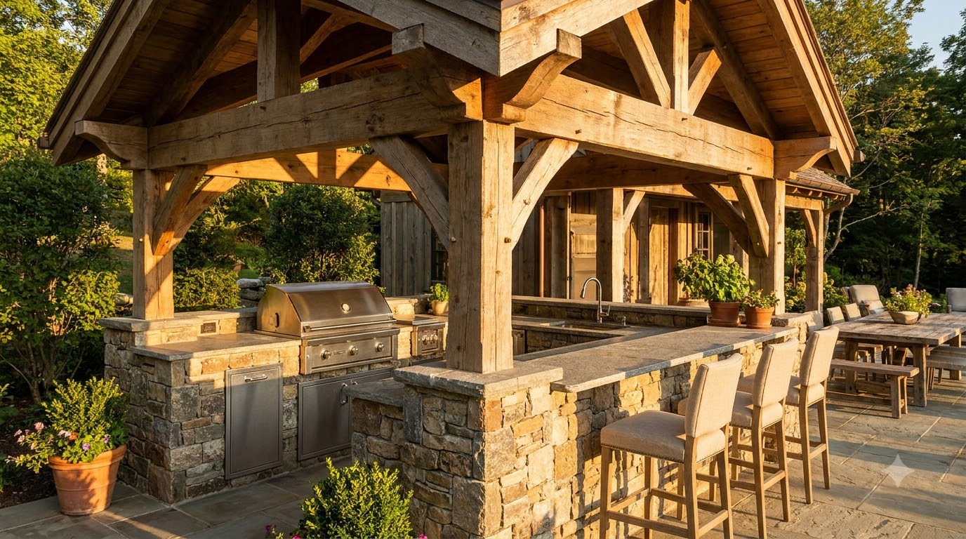 L-shaped outdoor kitchen counter under a roof