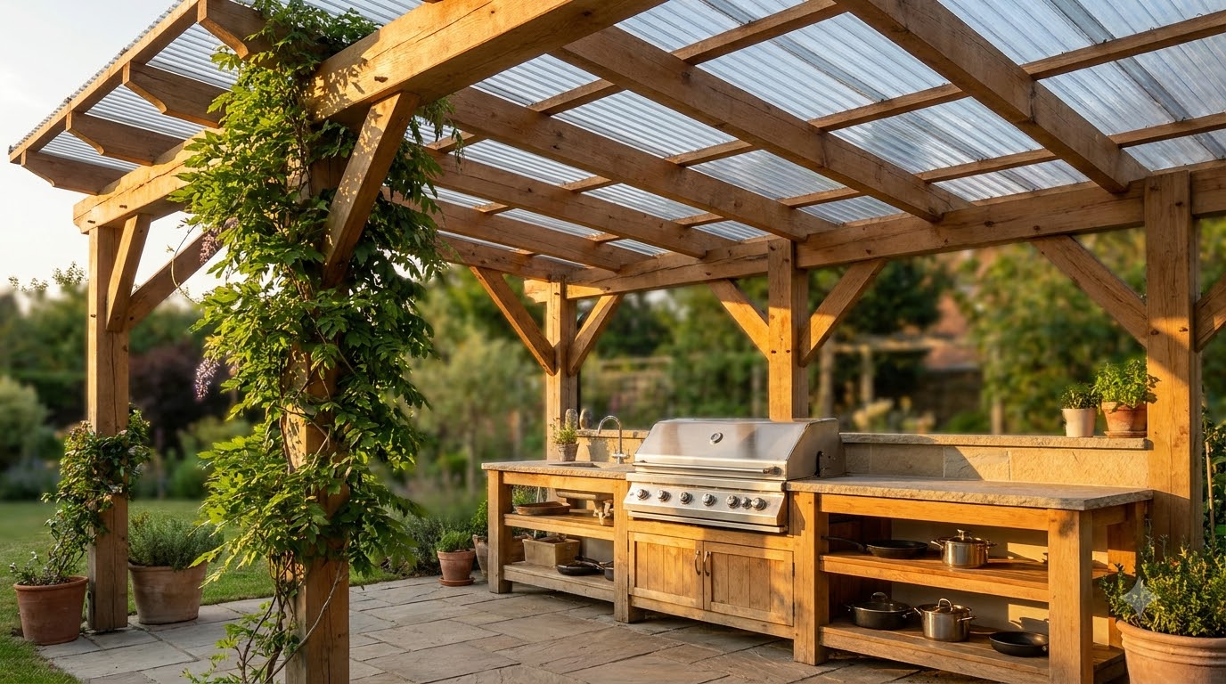 Outdoor kitchen sheltered by a slatted pergola with panels