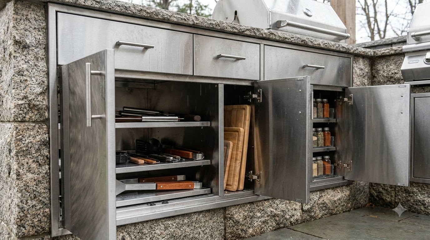 Weatherproof cabinets and storage in an outdoor kitchen