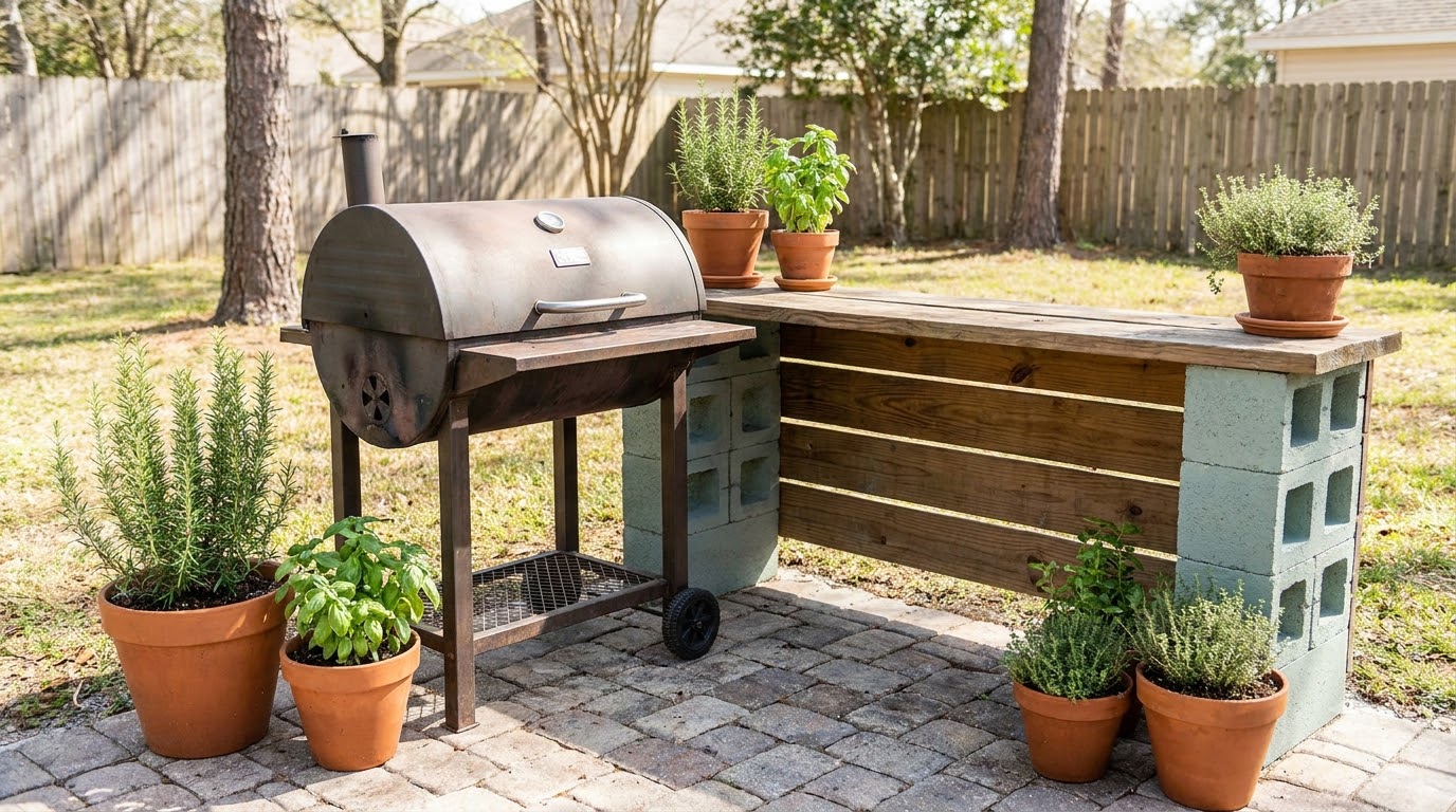 Simple grill station with a small counter beside it
