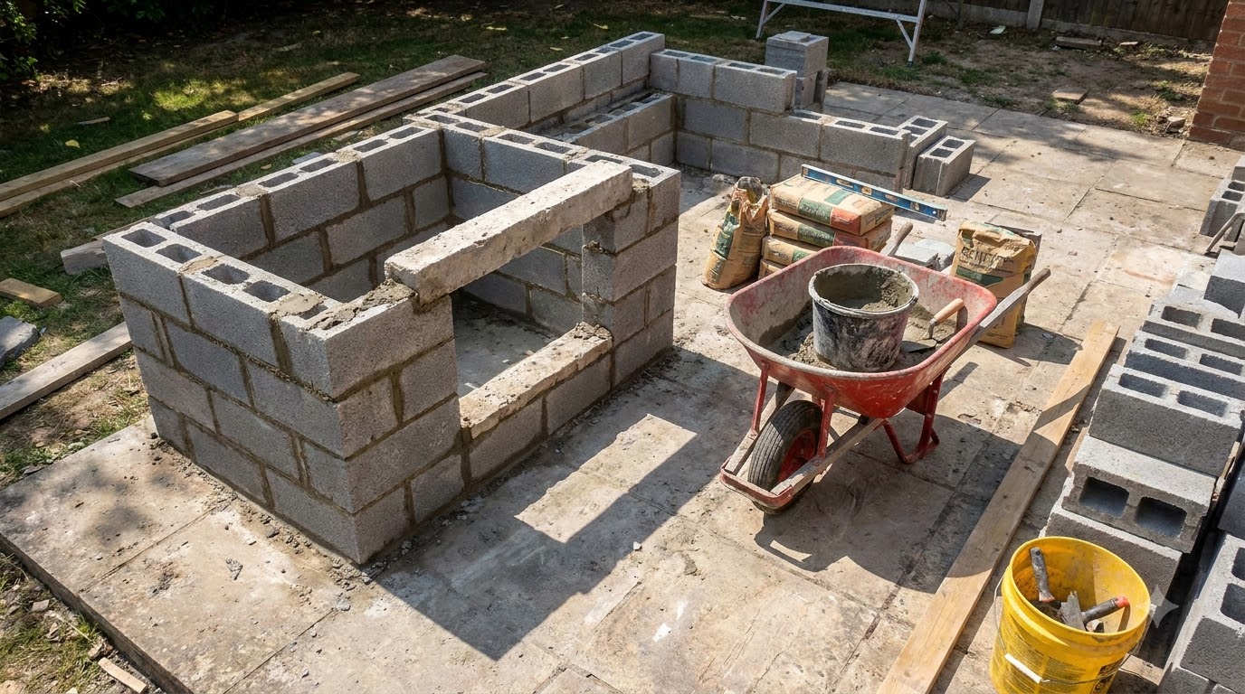 Concrete block outdoor kitchen base under construction