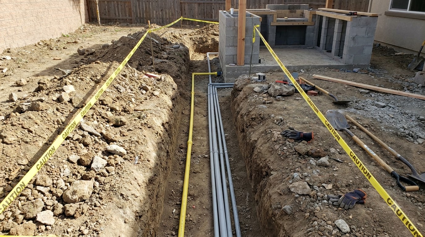 Trench with gas and electrical conduit running to an outdoor kitchen