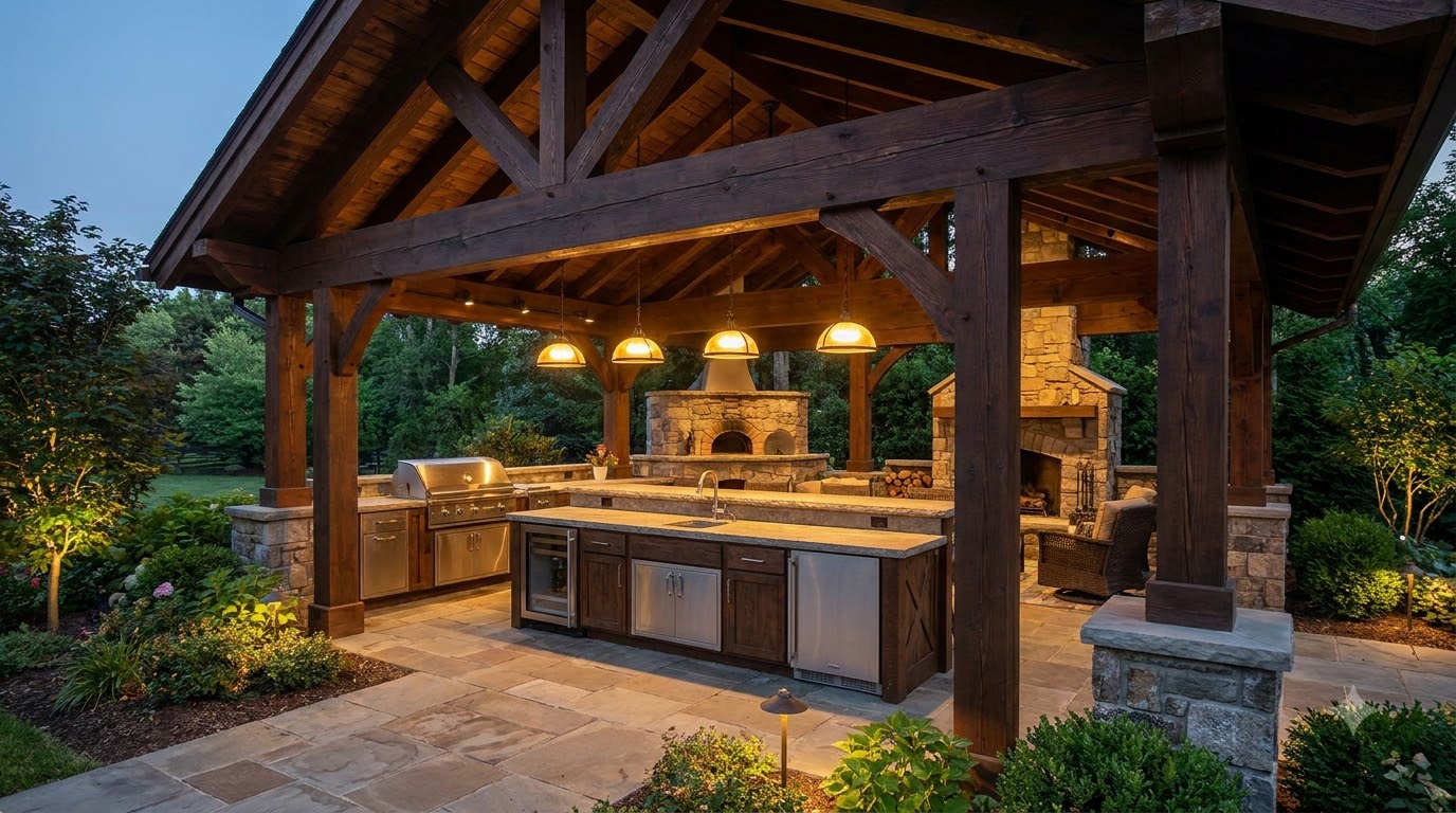 Full custom outdoor kitchen with roof and appliances