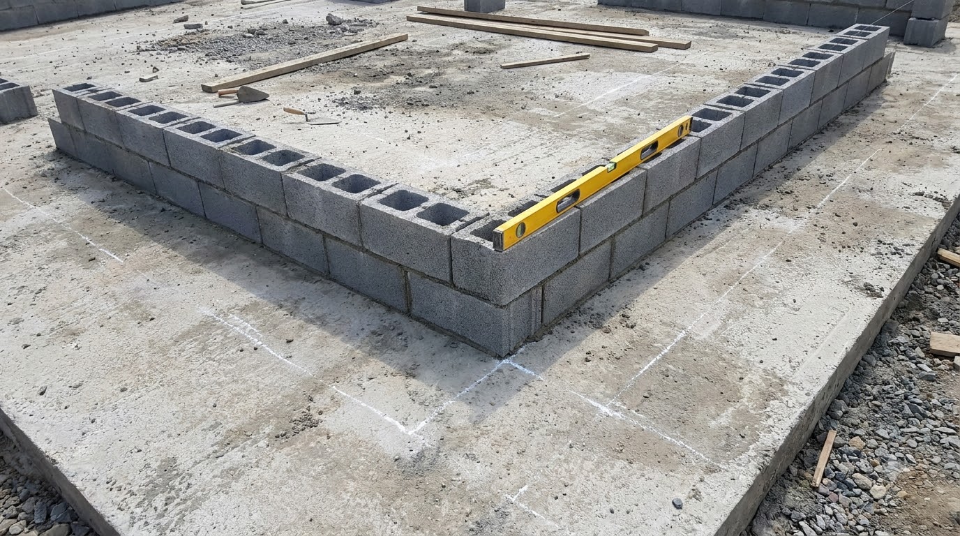 First course of blocks dry-laid on a concrete slab