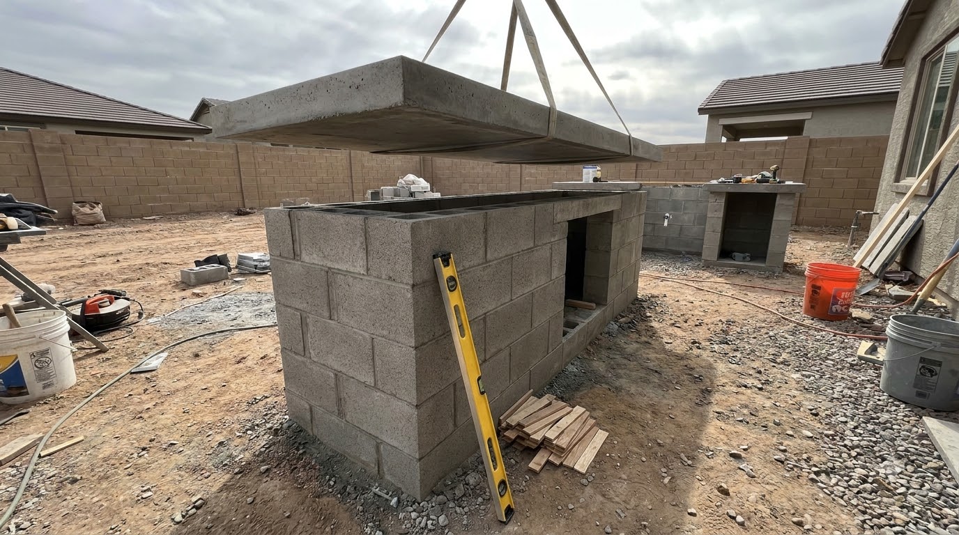 Concrete countertop being set on a block base