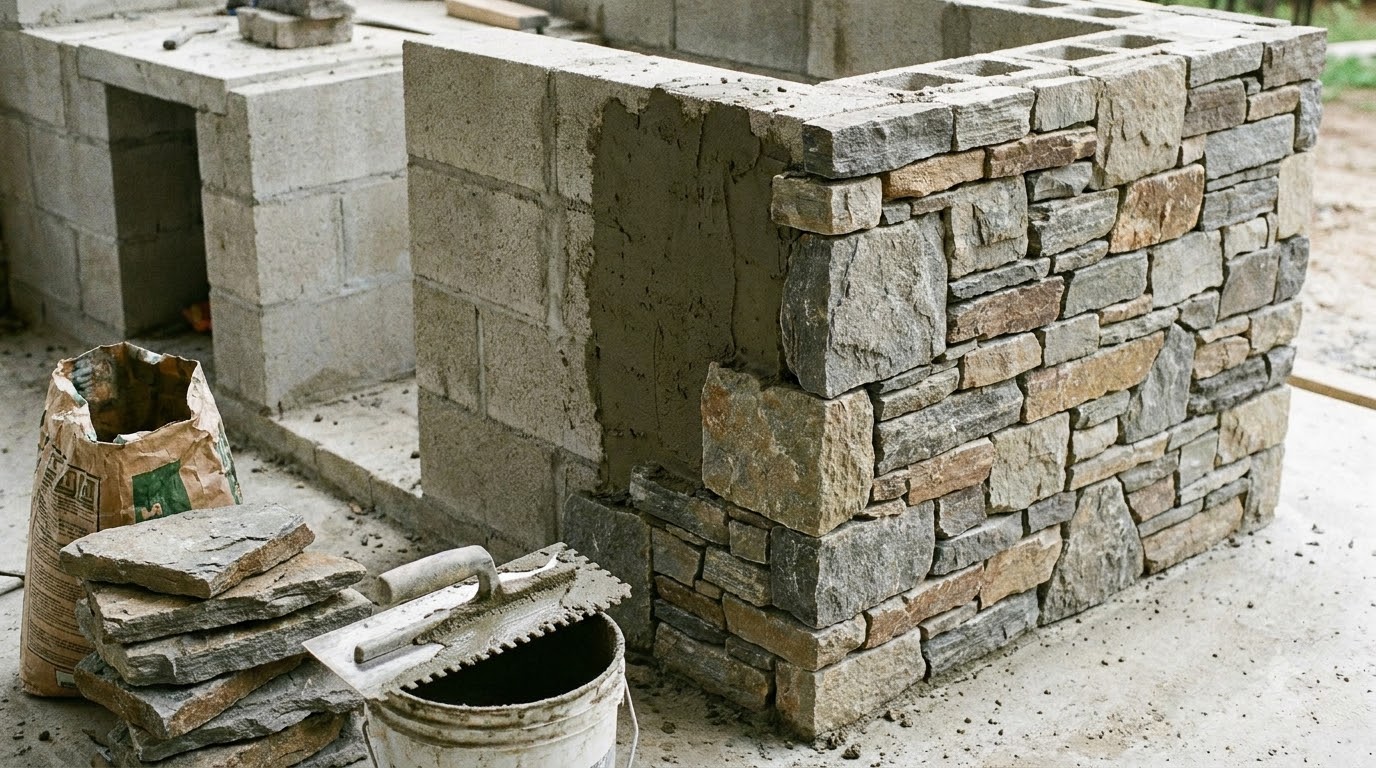 Stone veneer being applied over cinder block