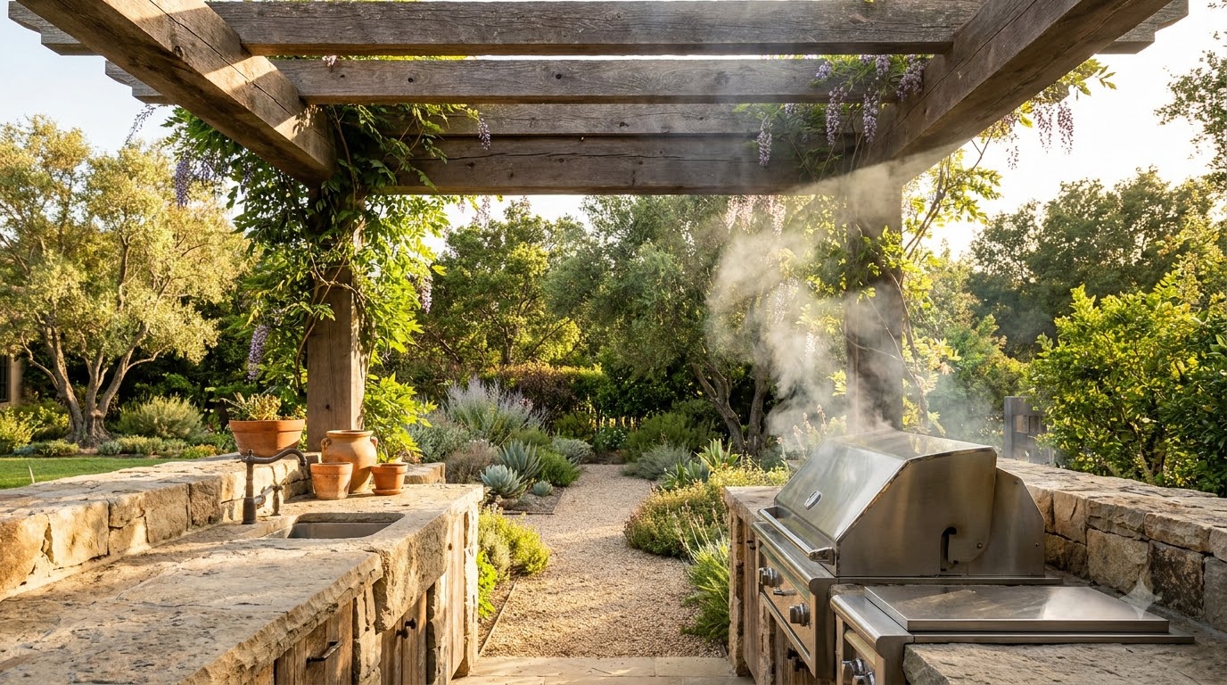 Grill positioned under the open edge of a pergola roof