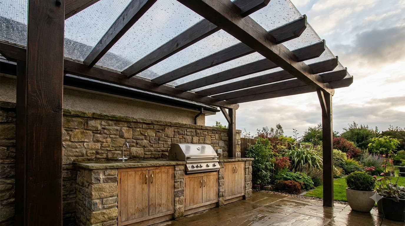 Pergola with clear panels over an outdoor kitchen counter