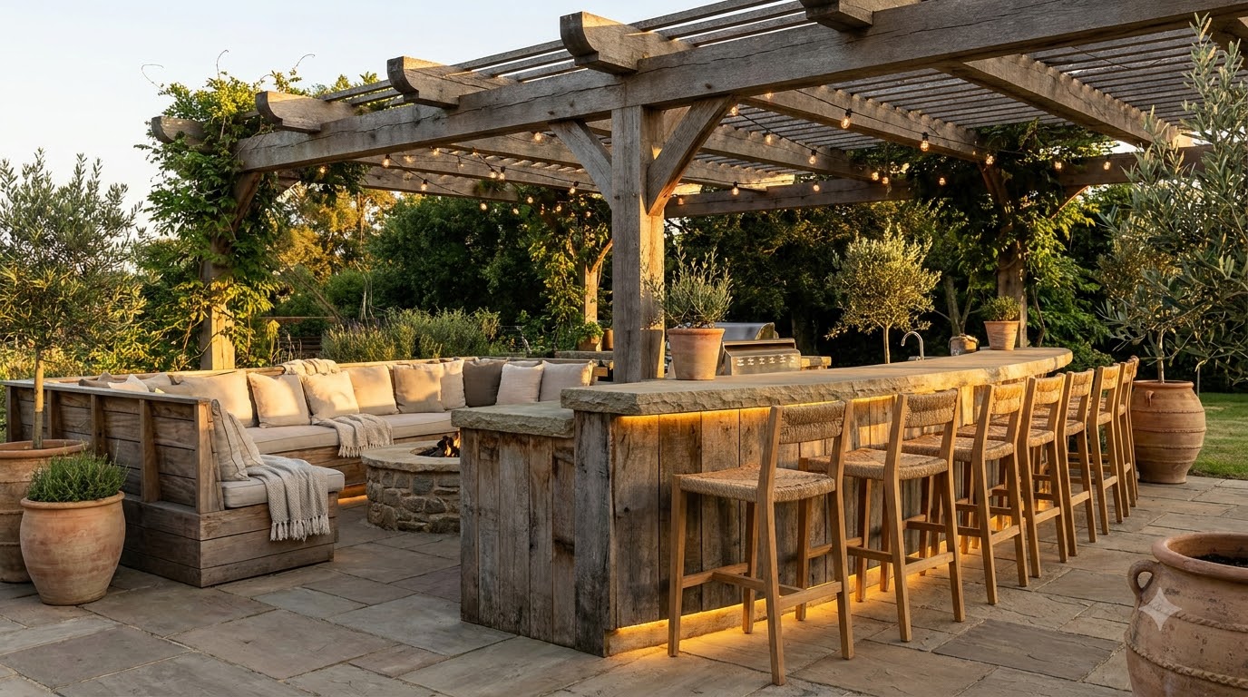 Bar seating under a pergola beside an outdoor kitchen