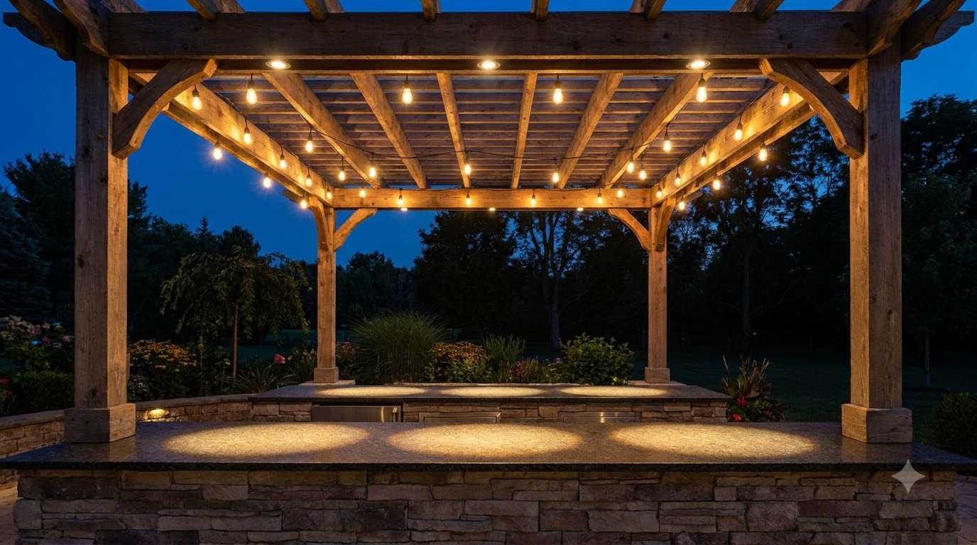 Warm lighting mounted on pergola beams over a kitchen counter