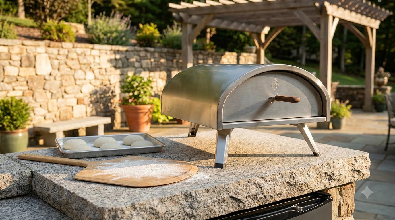 Portable countertop pizza oven on an outdoor counter