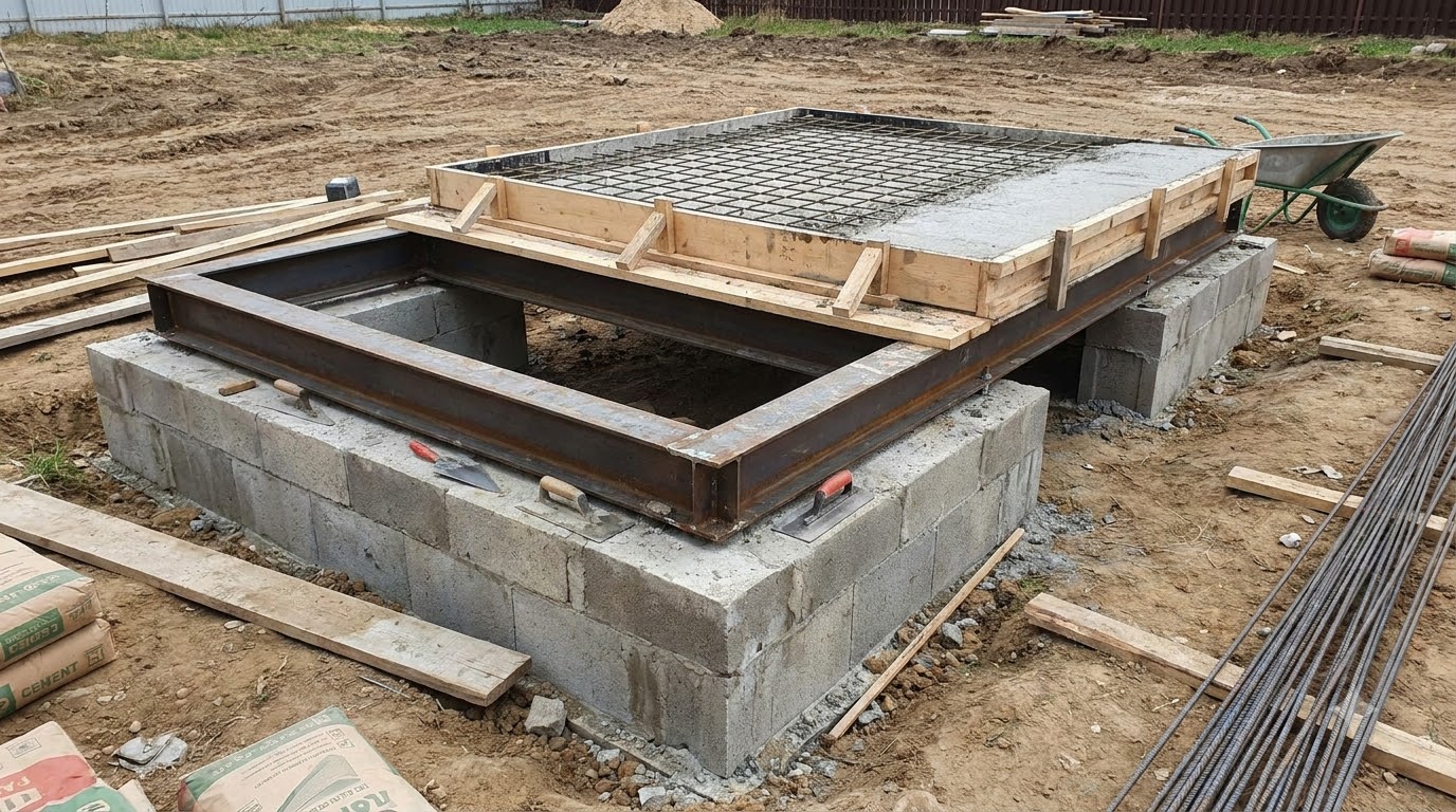 Masonry base being built to carry a pizza oven