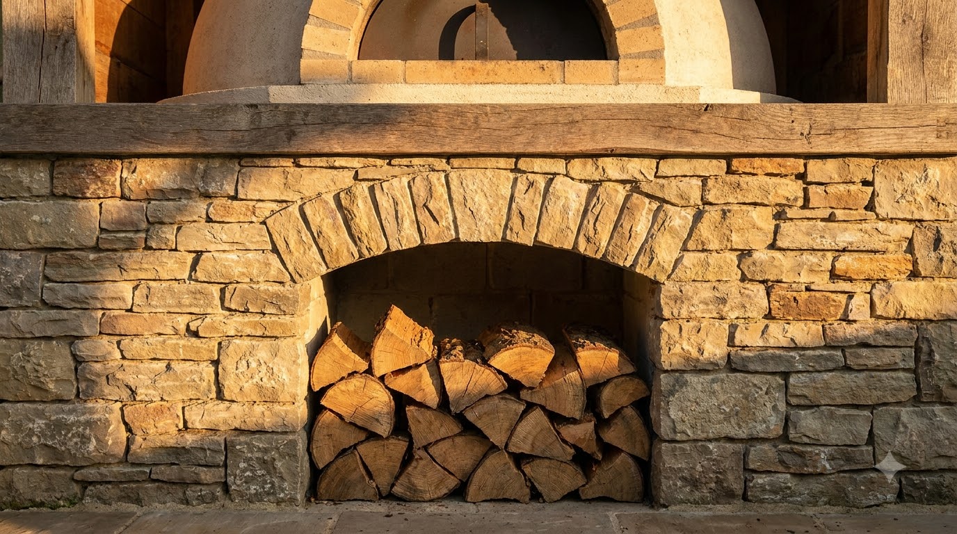 Firewood stored in the niche under a pizza oven