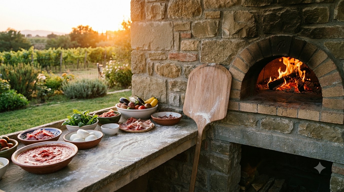 Prep counter beside a pizza oven with peel and toppings