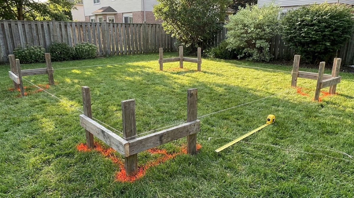 Batter boards and mason string marking a square pergola layout on a backyard lawn