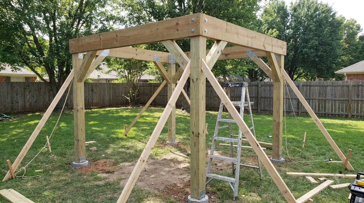 Wood pergola posts with beams bolted on top and 45-degree knee braces