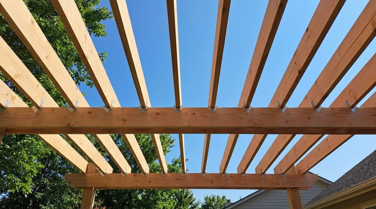 Evenly spaced pergola rafters resting across two beams with metal rafter ties