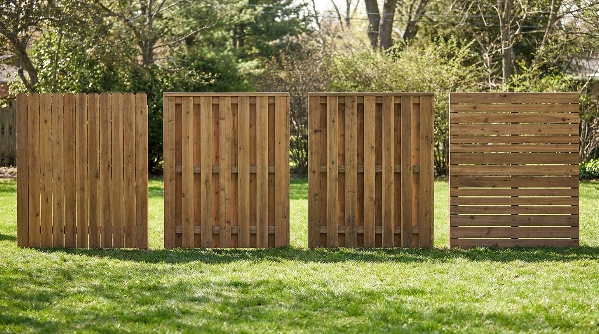 Stockade, board-on-board, shadowbox and horizontal wood fence sections side by side in a yard