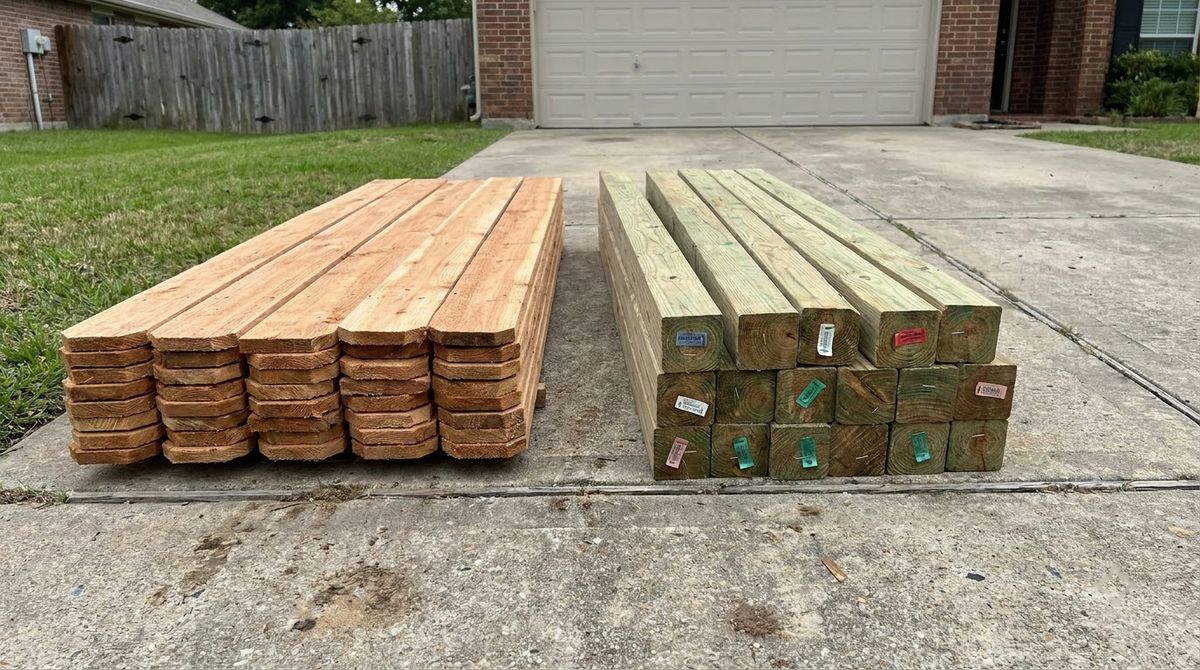 Stack of reddish cedar fence pickets beside greenish pressure-treated pine posts on a driveway