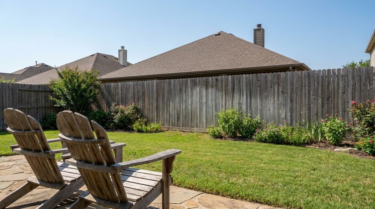 Six-foot wood privacy fence on a rear property line with a neighbor roof behind