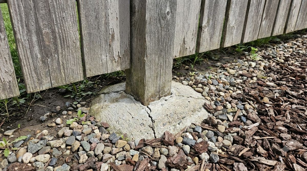 Close view of a weathered wood fence post base at ground level with gravel