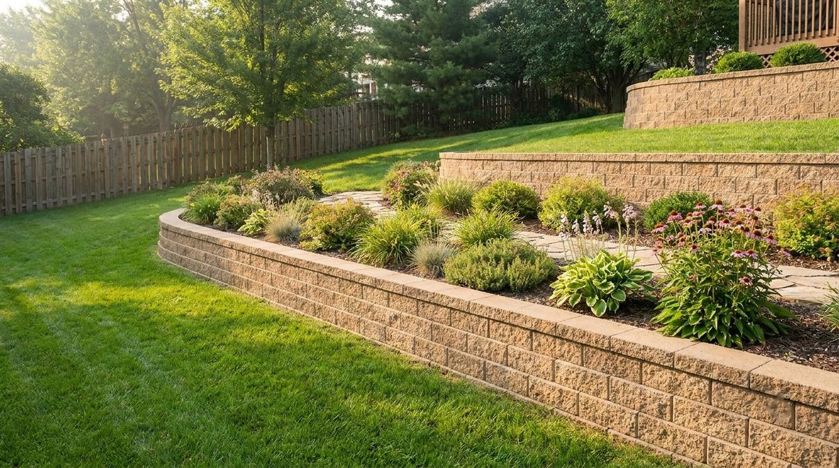 Two terraced block retaining walls stepping up a backyard slope instead of one tall wall