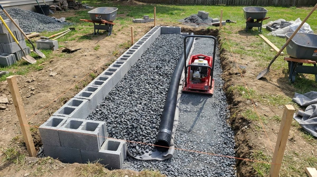Trench behind a block retaining wall filled with crushed gravel and a perforated drain pipe