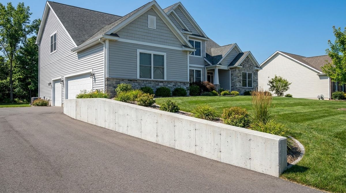Smooth poured concrete retaining wall holding back a raised lawn beside a driveway