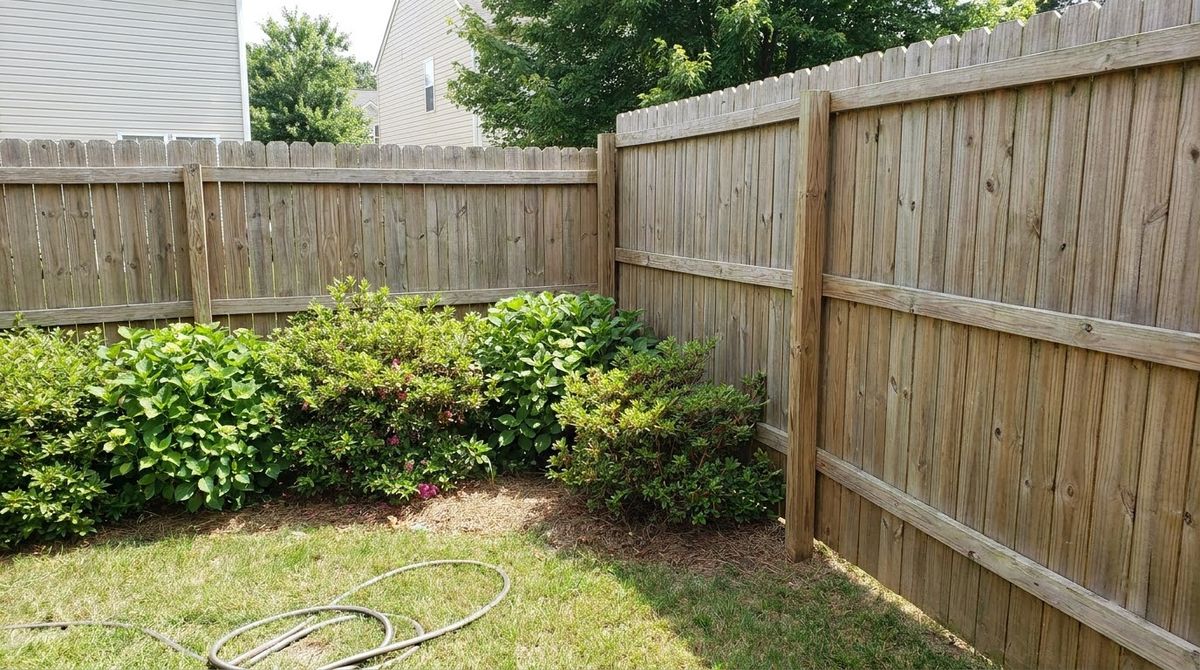 Six-foot wood privacy fence meeting a taller eight-foot section at a backyard corner