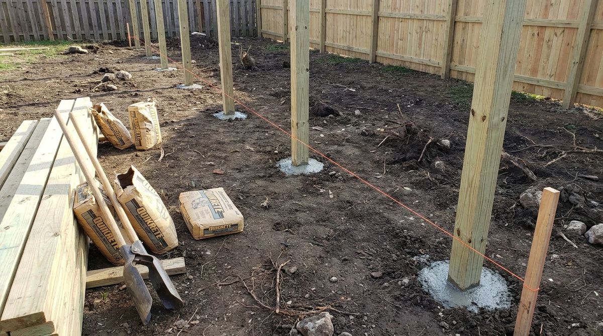 Row of new wood fence posts set in concrete along a string line before boards go up