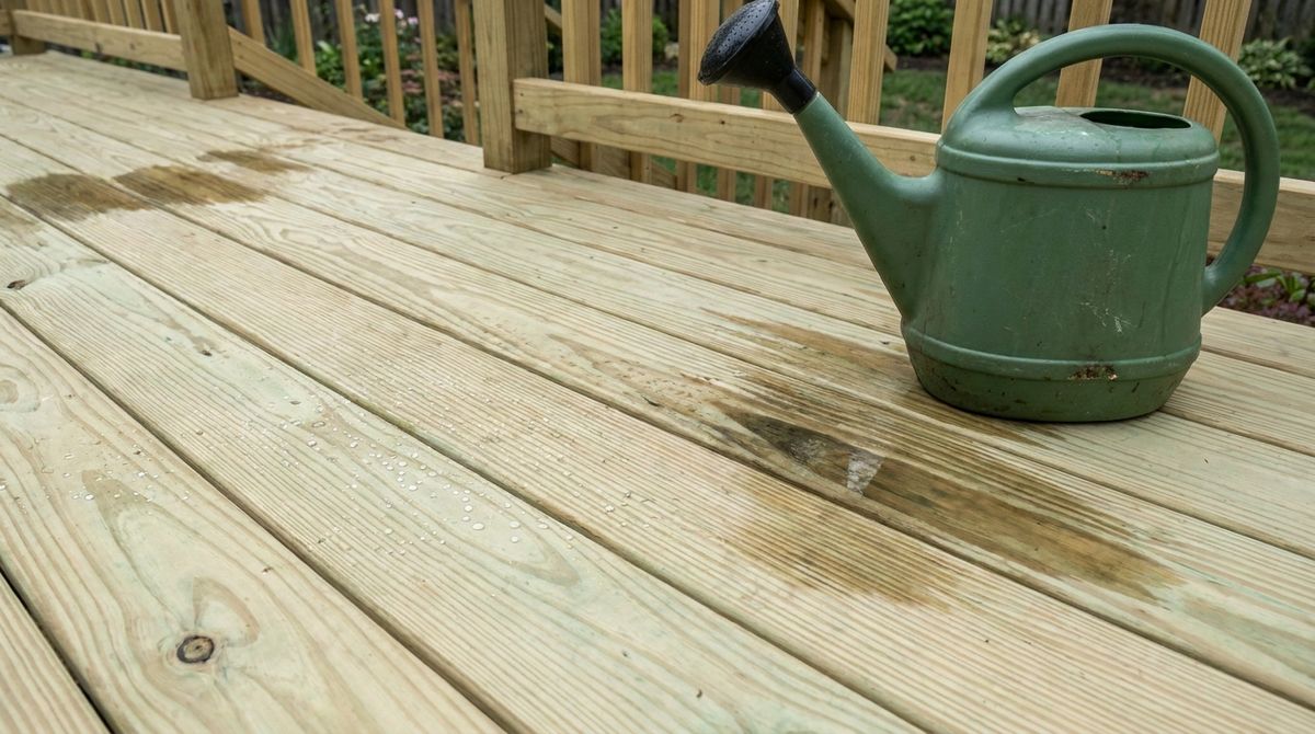 Water droplets soaking into new pressure-treated deck boards during a sprinkle test