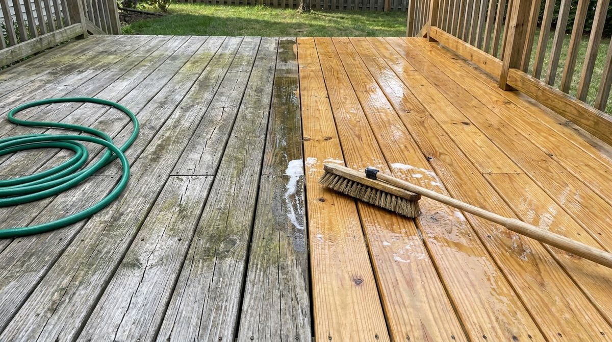 Stiff scrub brush and deck cleaner foam on weathered gray deck boards being cleaned