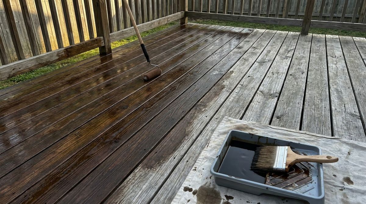 Pad applicator on a pole beside a stain brush and tray on half-stained deck boards