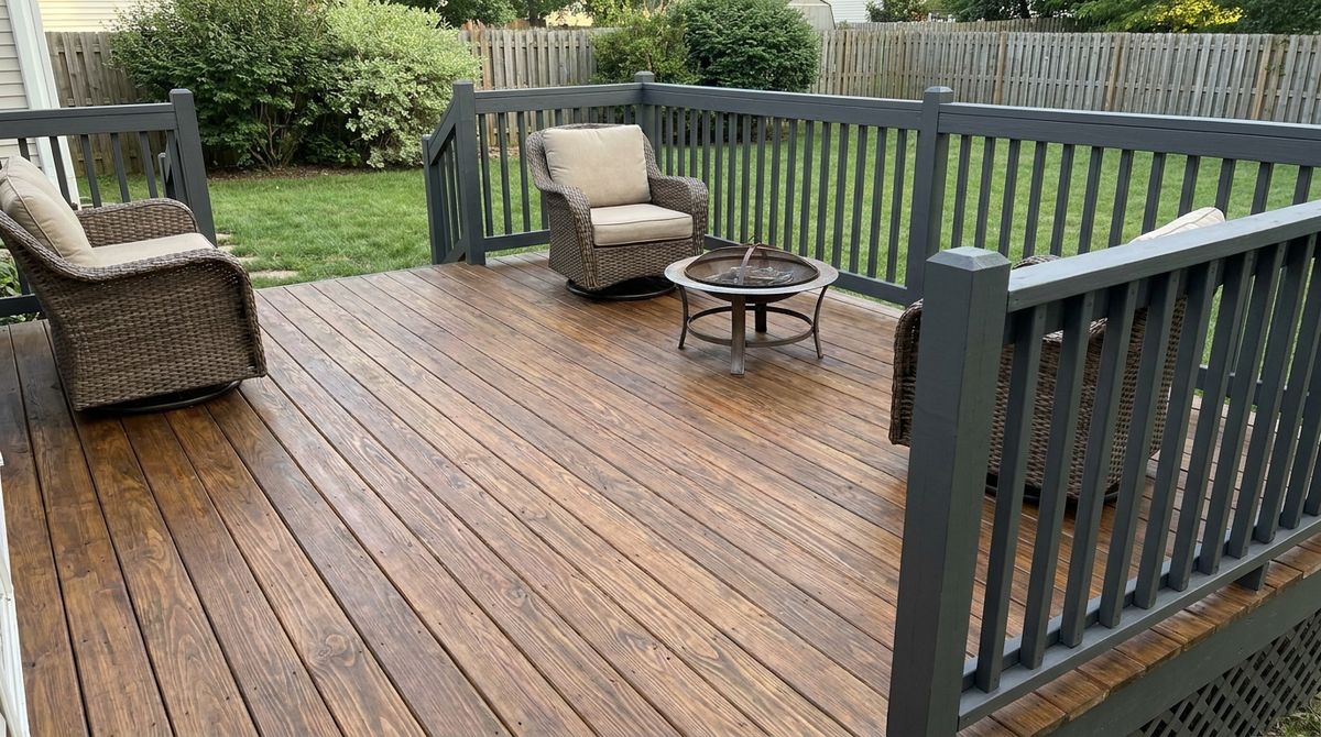 Finished deck with solid-stained railing posts and semi-transparent stained floor boards