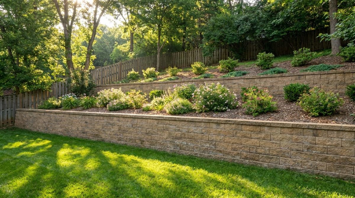 Two terraced block retaining walls on a backyard slope with a wide planted terrace between