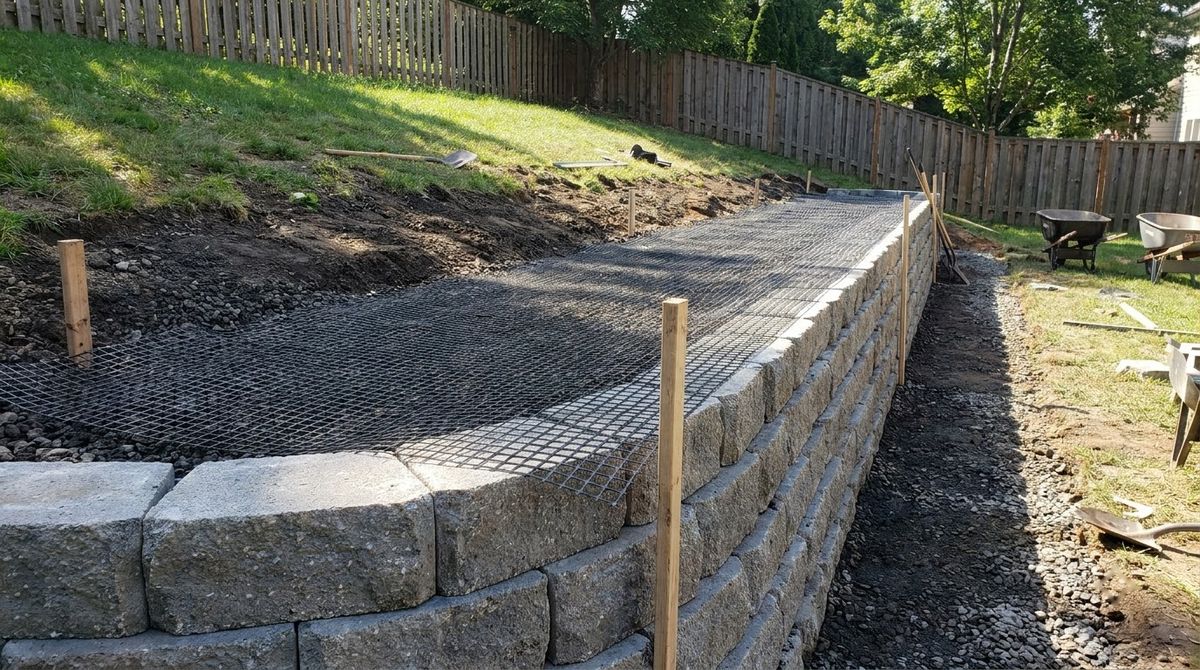 Geogrid sheet rolled out behind a course of retaining wall blocks on compacted backfill