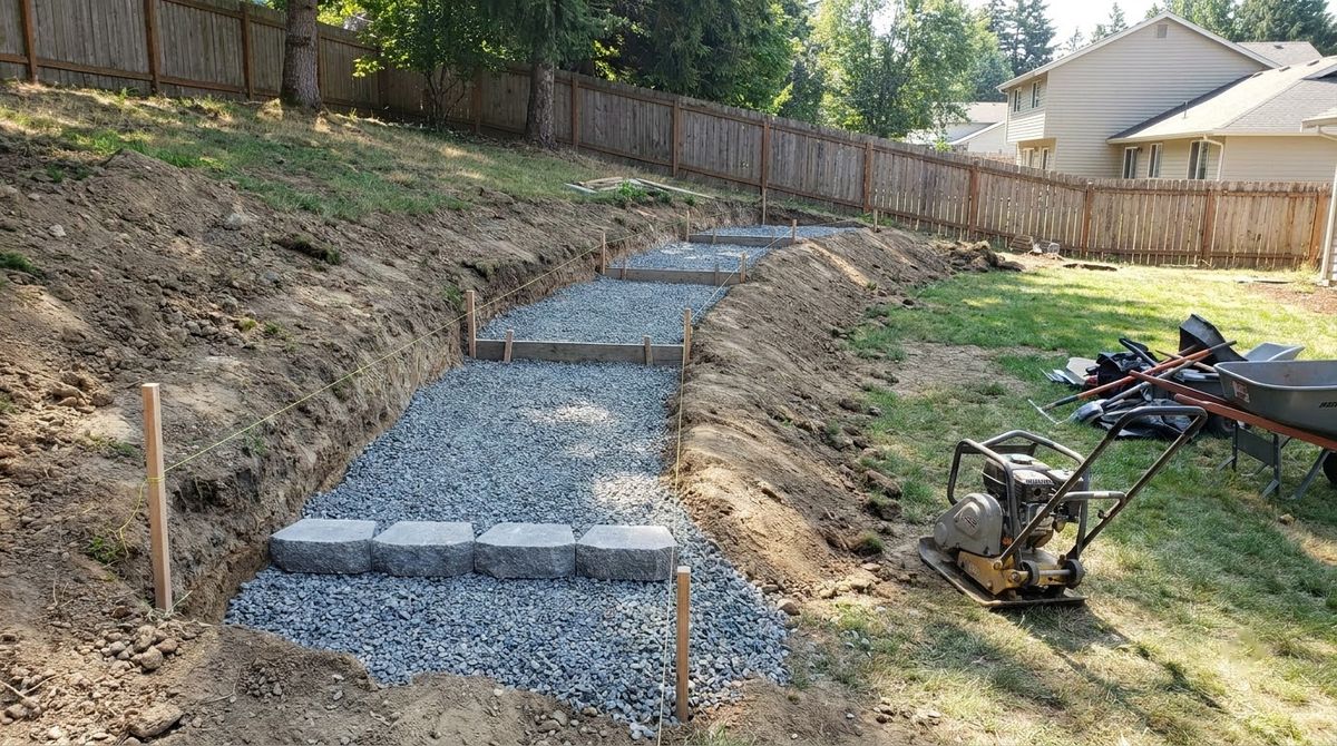 Stepped gravel leveling pad trench climbing a slope with first block courses set level