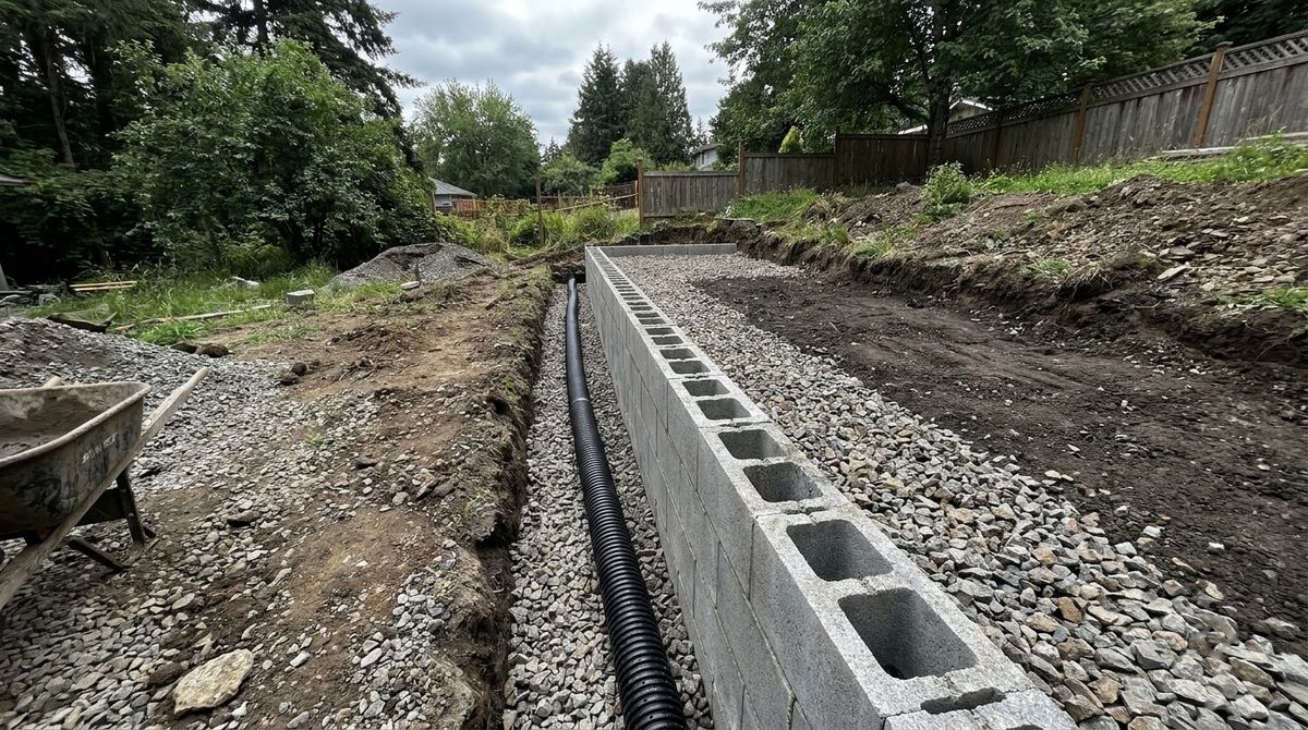 Perforated drain pipe and clean crushed gravel behind a block wall on sloping ground