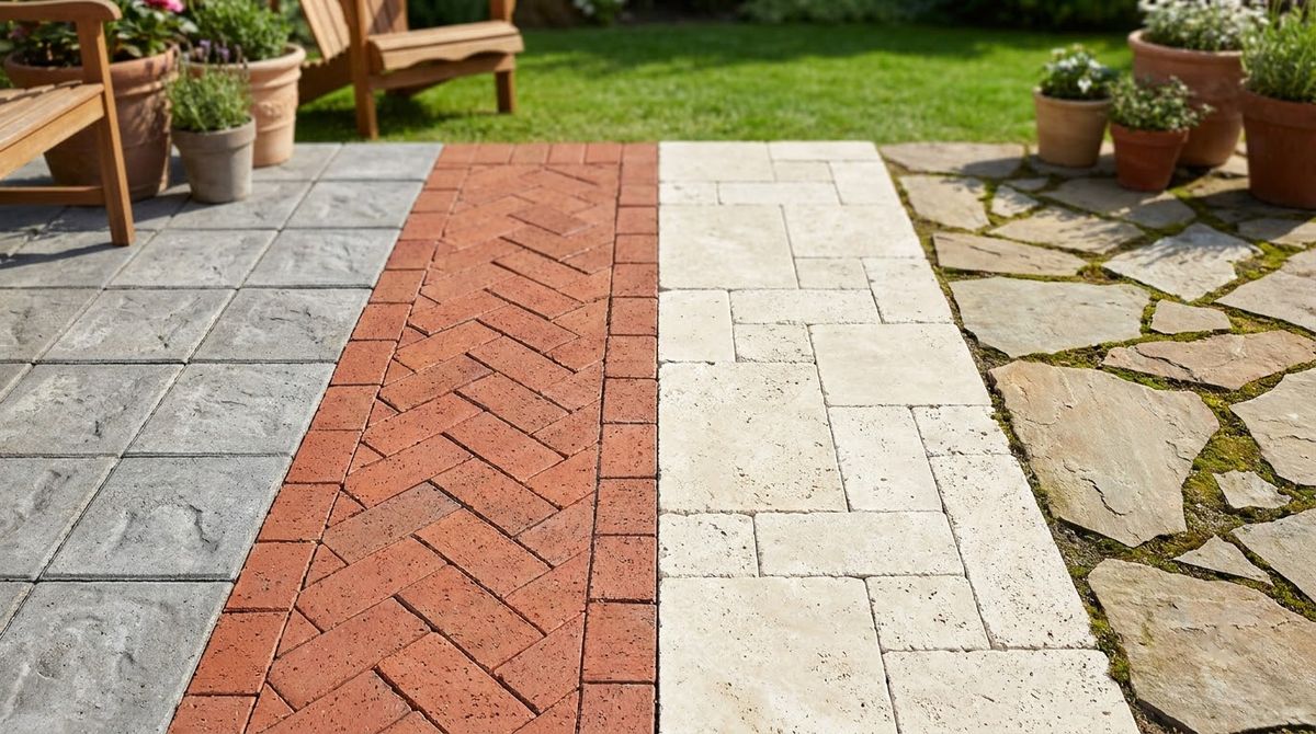 Concrete pavers, red clay brick, travertine and flagstone laid side by side on a patio