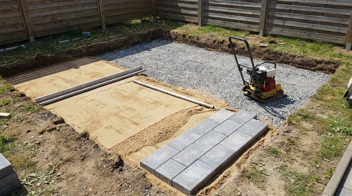 Excavated patio area with compacted gravel base, screeded sand bed and first pavers