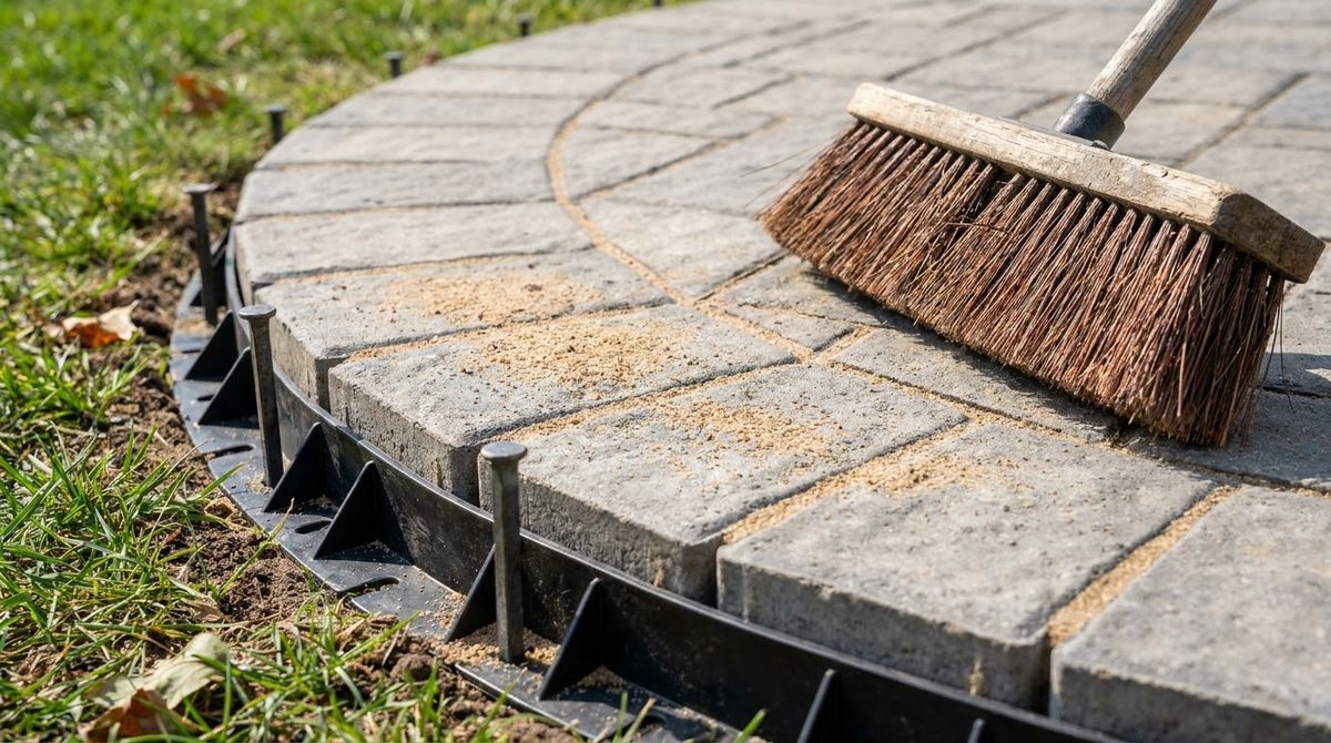 Black paver edge restraint spiked along a new patio edge with polymeric sand in joints