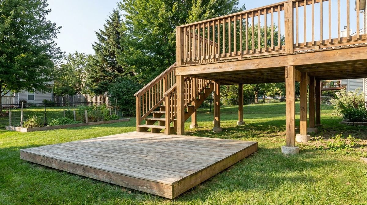 Low ground-level platform deck beside a tall elevated deck with posts and railing