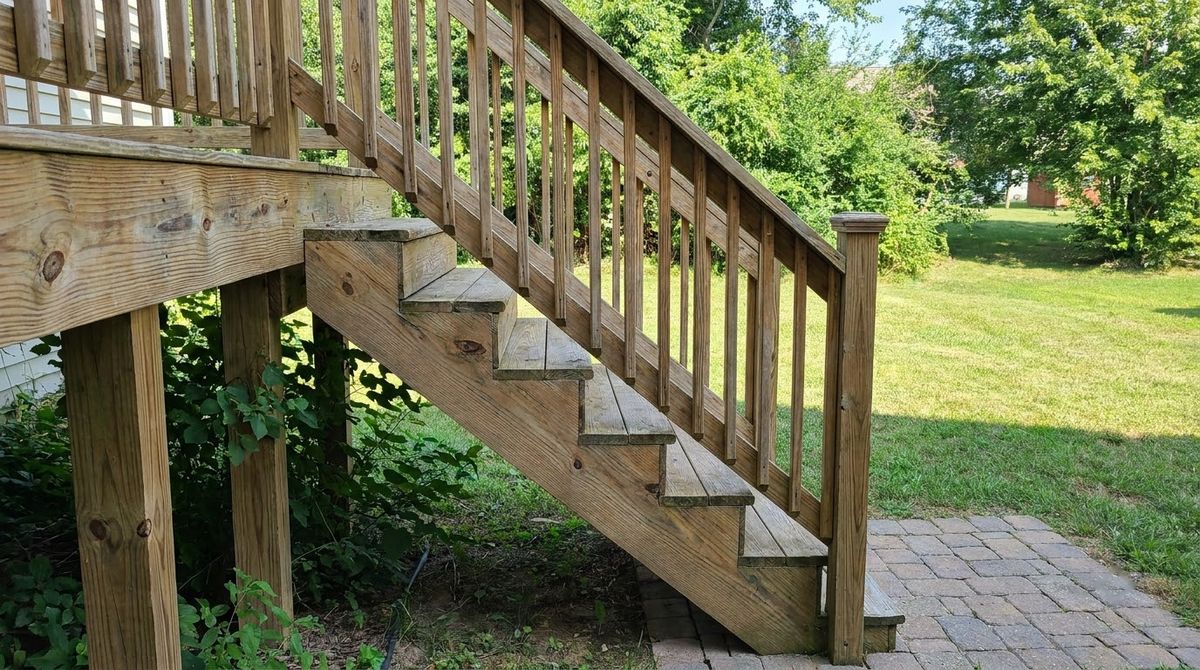 Wood deck stairs with matching railing descending from a raised deck to a paver landing