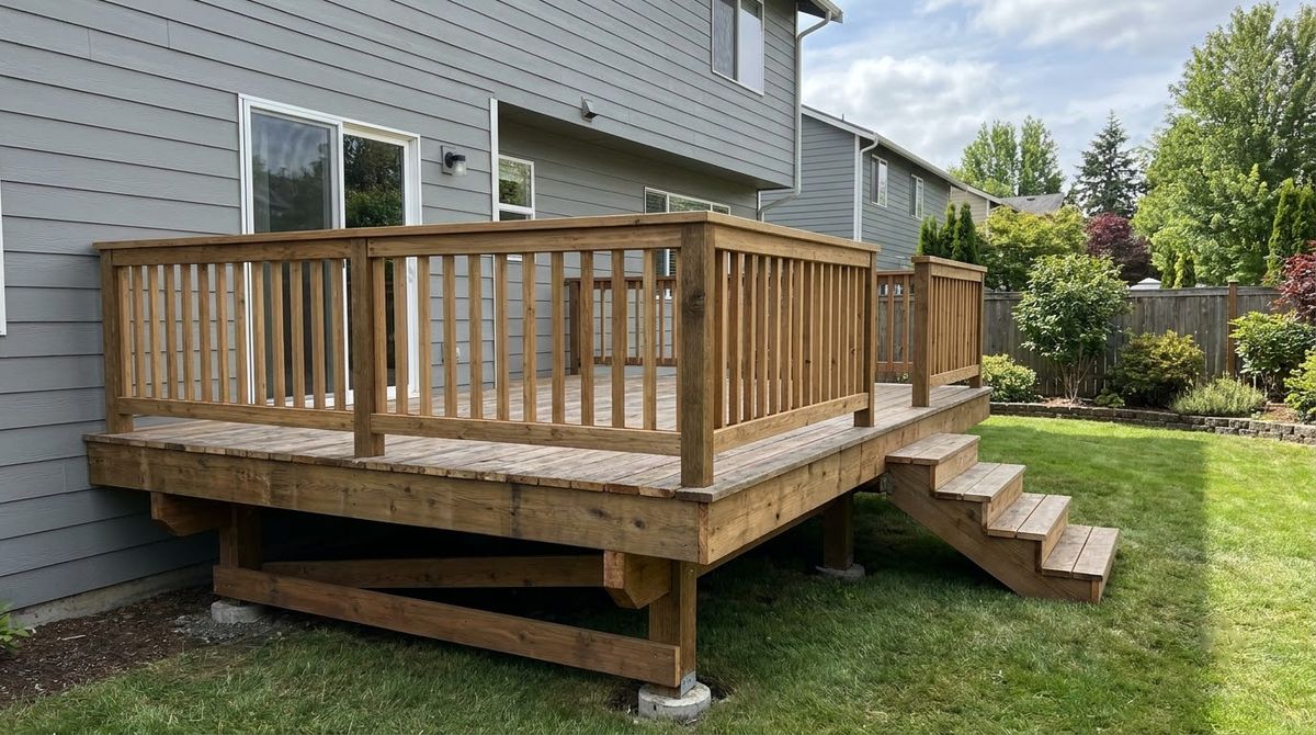 Rectangular elevated deck attached along the back of a house with railing on three sides